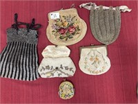 6 Vintage Purses, 2 Beaded Change Purses; Beaded