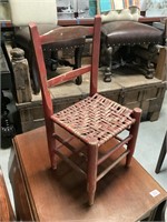 Childs old red wood and wicker chair 23” tall