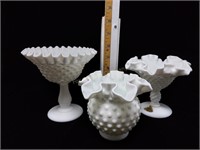 (2) Fenton Milk Glass Compotes & (1) Vase