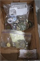 BAG OF FOREIGN COINS, USMC COINS & CARD HOLDER