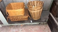 Shelf lot of assorted wooden woven baskets