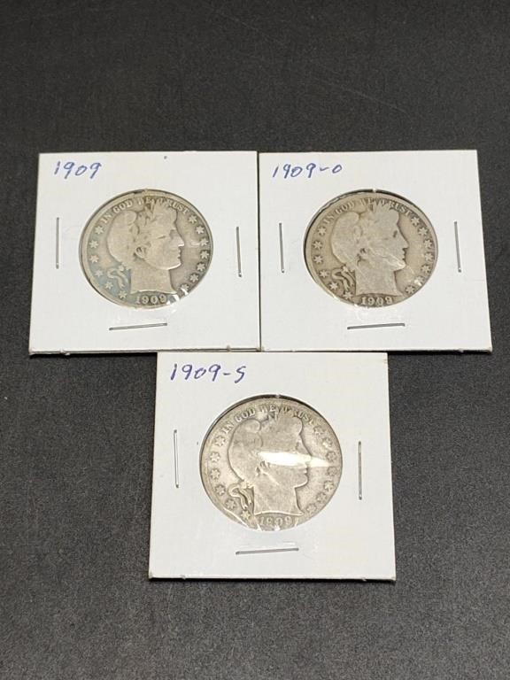 Three 1909 Barber Half Dollars