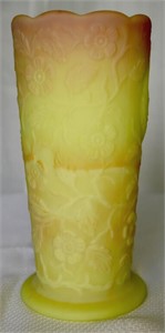 Fenton Burmese Uranium Peacock Vase 7.5"
