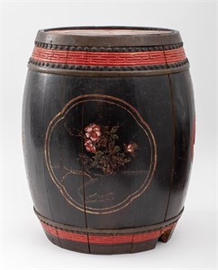 Asian Chinoiserie Hand-Painted Wooden Barrel