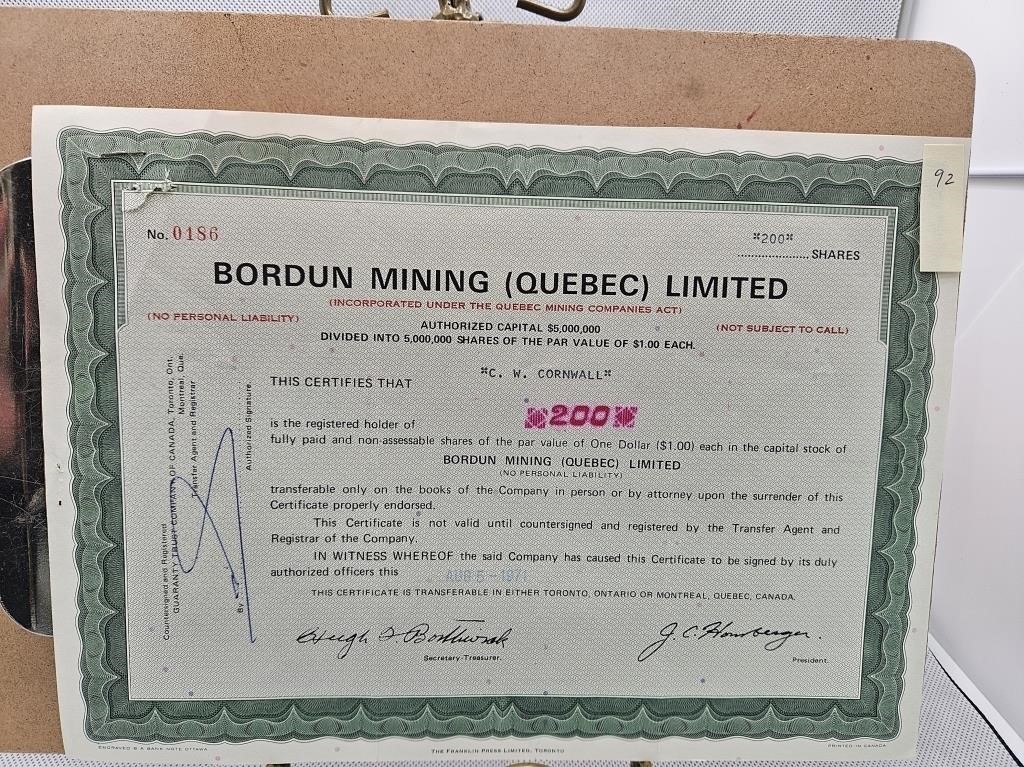 BORDUN MINING (QUEBEC) LIMITED 200 SHARES CERT.