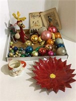 Vintage holiday Christmas items include glass
