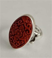 Sterling Silver & and carved cinnabar ring