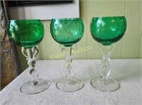 Opus Milan Mottl Art Glass Deco 3 Goblets emerald