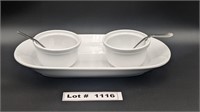 WHITE STONEWARE SERVNG PLATTER AND SMALL BOWLS WIT