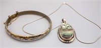 STERLING BANGLE AND ABALONE AND STERLING PENDANT