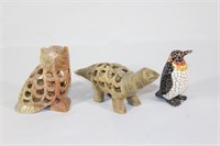 Soapstone Owl, Dinosaur & Decorative Penguin