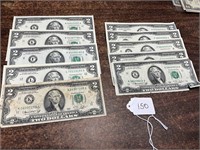 10 US 2 Dollar Bills 1970’s