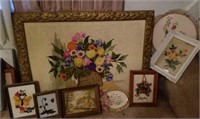 Framed needlework pictures, 8 in lot