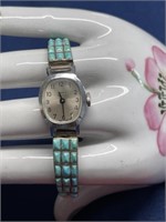 Sterling silver Signed Zuni turquoise watch Timex