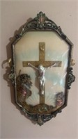 Vintage Jesus Crucifix In Ornate brass Frame With