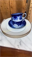 Flow blue saucer and 2 cups with 3 limoges dinner