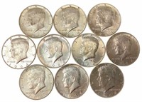 (10) 1964 J. F. K. 90% Silver Half Dollars