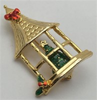 Gold Tone Signed Christmas Broach