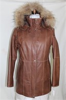 Brown leather zip jacket with removable hood