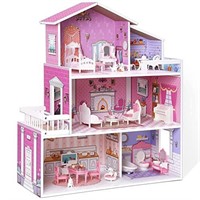 ROBUD Wooden Dollhouse Playset, 3 Stories, 5 Rooms