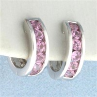 Pink Sapphire Huggie Hoop Earrings in 14k White Go