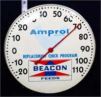 Vntg 10in glass dial Beacon Feeds adv thermometer