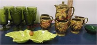 Vtg Green Pottery Set, glassware & serving pieces