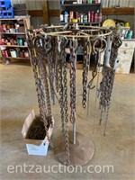 LOT OF MISC. CHAIN W/ RACK & COME ALONG