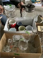 Two boxes, glassware,
Two coffee pots, mugs