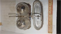 silver toned oblong basket, apple shape servers