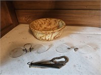 Small pottery dish w/ 2 pair old glasses and 3