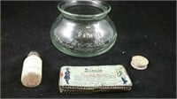 Antique "Rexall" glass bowl & extras