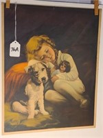 Vintage Poster "Rags on Guard" Girl w/ Dog & Doll
