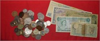 Bag of Foreign Coins and Foreign Currency