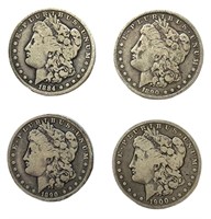 1884,1890 (2),1900 Morgan O silver dollars