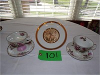 TEA CUPS (1 MOSS ROSE) & 24K TRIM PLATE
