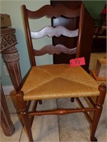 WOOD CHAIR W/ RATTAN SEAT & UPHOLSTERED STOOL