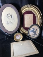 Five (5) Antique Wood Oval Frames & Prints