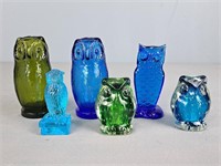 Lot Of Six Art Glass Owls