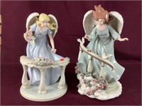 2 Ornate Porcelain Angels- Birds Pn Railing, &