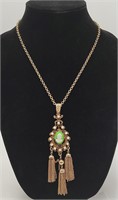 Vintage Unusual Green Cameo Necklace w/Tassels
