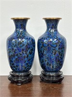 Pair Blue Floral Jingfa Chinese Cloisonne Vases