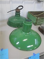 2 Green/White Enamel Light Shades.