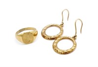 Antique 10ct lustre drop earrings & signet ring