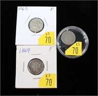 3- U.S. 3-cent pieces: 1865, 1866, 1869