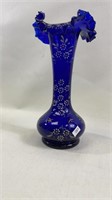 Bristol Blue Enamel Painted Glass Art Nouveau Vase