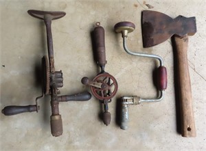 (3) Antique Drills and Hatchet