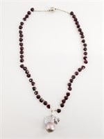 Freshwater pearl garnet and sterling silver neckla