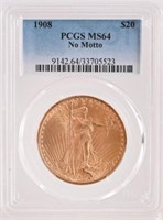 1908 Double Eagle $20 Gold Coin No Motto PCGS MS64