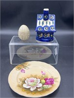 Polish pottery candle holder, egg, & plate